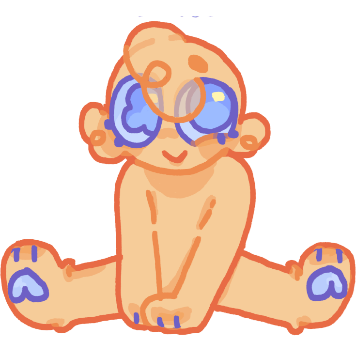 A drawing of a peach orange person with a happy expression and wide periwinkle colored eyes. They are in a sitting position.
